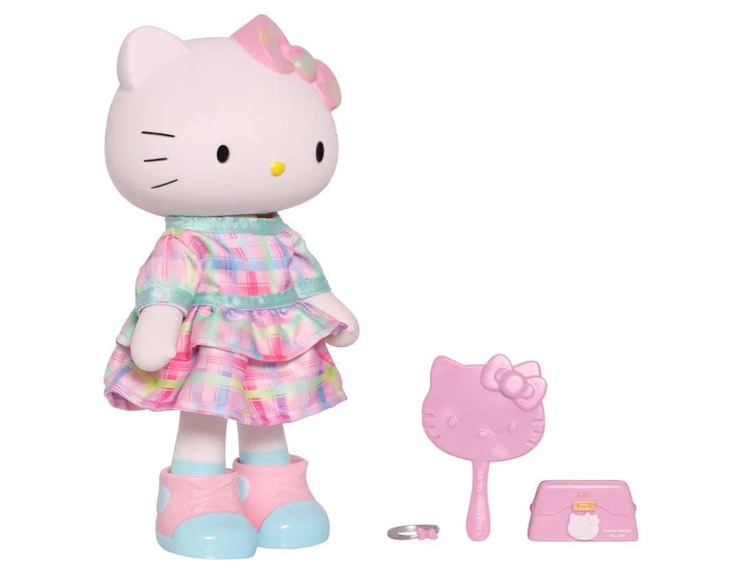 Muñeca Hello Kitty con vestido a cuadros pastel y accesorios
